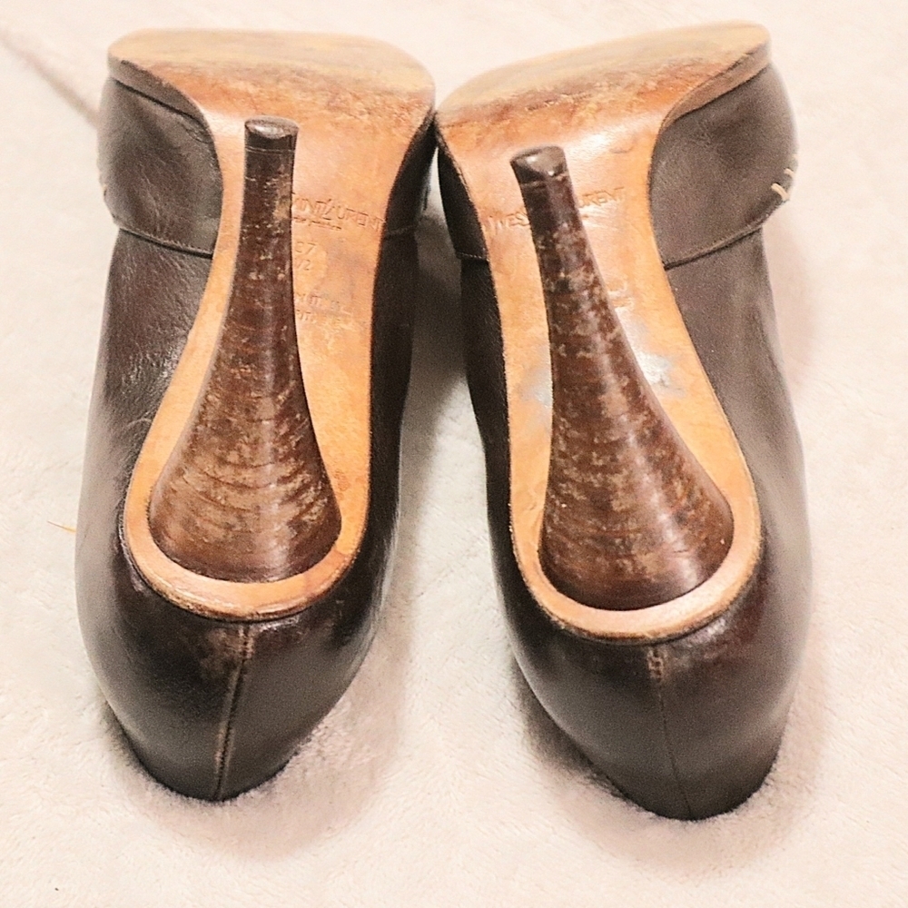VINTAGE YSL HEELS 37.5/7 Yves Saint Laurent Brown Classic Exotic Leather 80s 90s - Picture 5 of 10